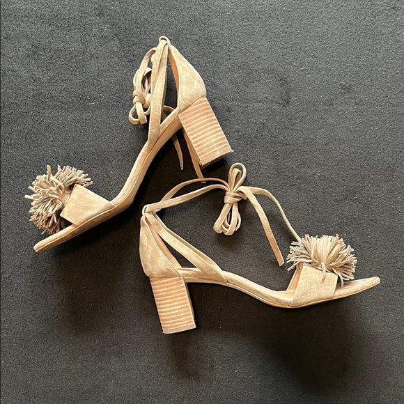 Madewell Lainy Suede Block Heel Sandal Size 8.5 Pom Pom Tie Ankle All Seasons - Picture 3 of 6